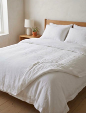 Simple & Opulence 100% Linen Full Duvet Cover White Embroidered Line Buttons