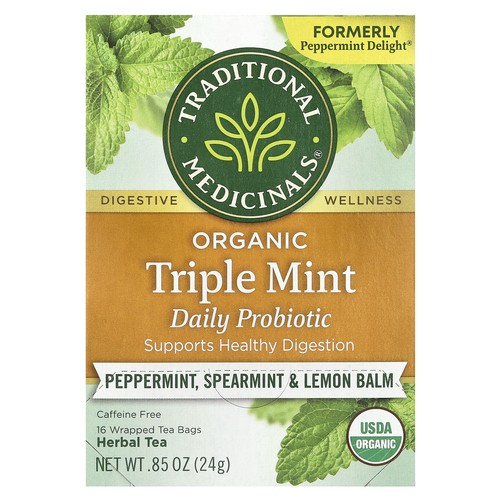 Organic Herbal Tea, Triple Mint Daily Probiotic, Peppermint, Spearmint & Lemon