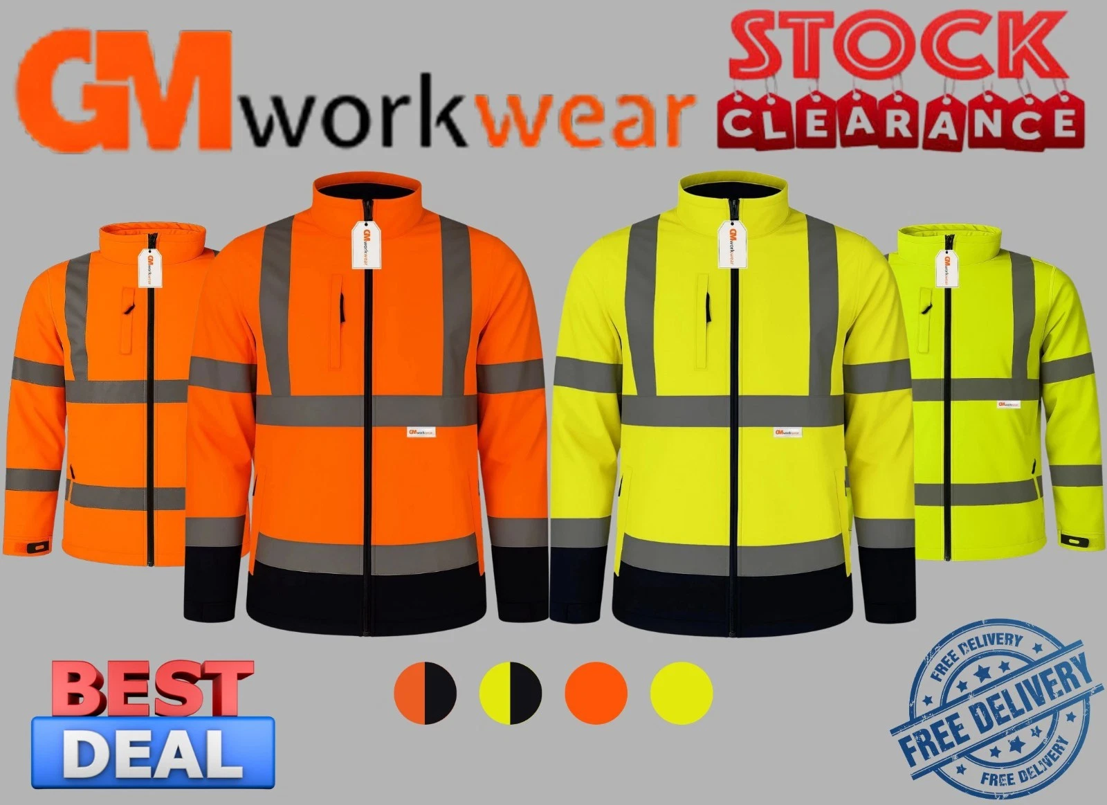 GM Workwear Hi Vis Softshell Jacket Fleece Windproof Reflective Safety PPE Men's