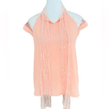 MUGLER peach blouse with front lace & pearl t...