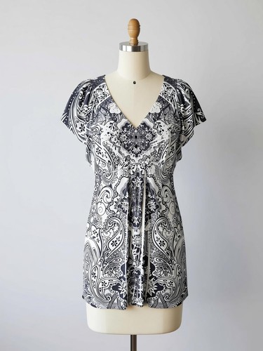 Unity World Wear Womens Large Black White Paisley V-Neck Short Sleeve Dress