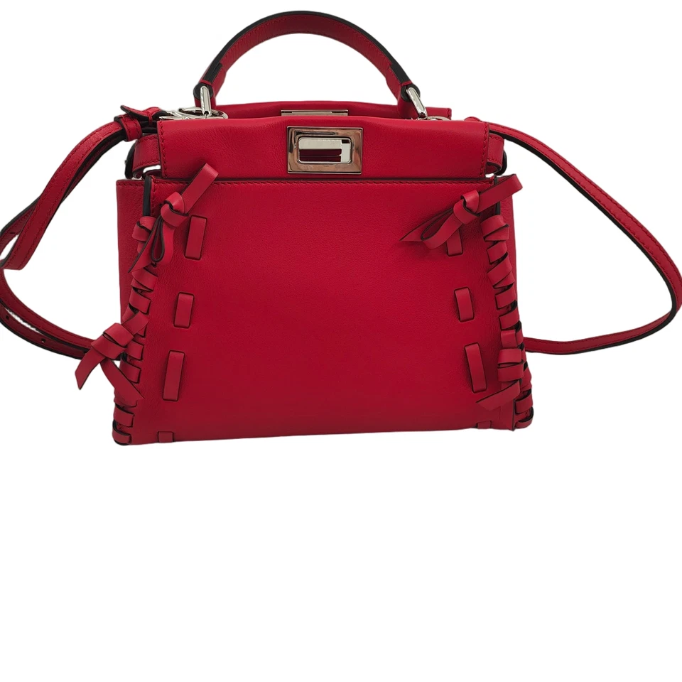 Fendi Peekaboo Small Red Handle Bag Woven Leather with Bow Detail Women - Image 4 of 4