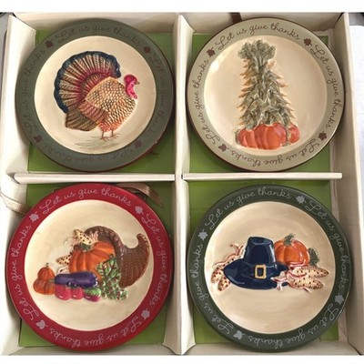 MWW Market Thanksgiving Plates Set of 4 Let Us Give Thanks Turkey Cornucopia