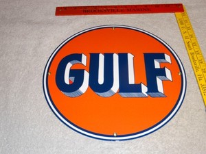 VINTAGE GULF GASOLINE SERVICE STATION 11 3/4" PORCELAIN METAL MOTOR OIL GAS SIGN