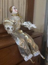Vintage Porcelain Pierrot Clown Doll 16 Harlequin Jester silver and gold