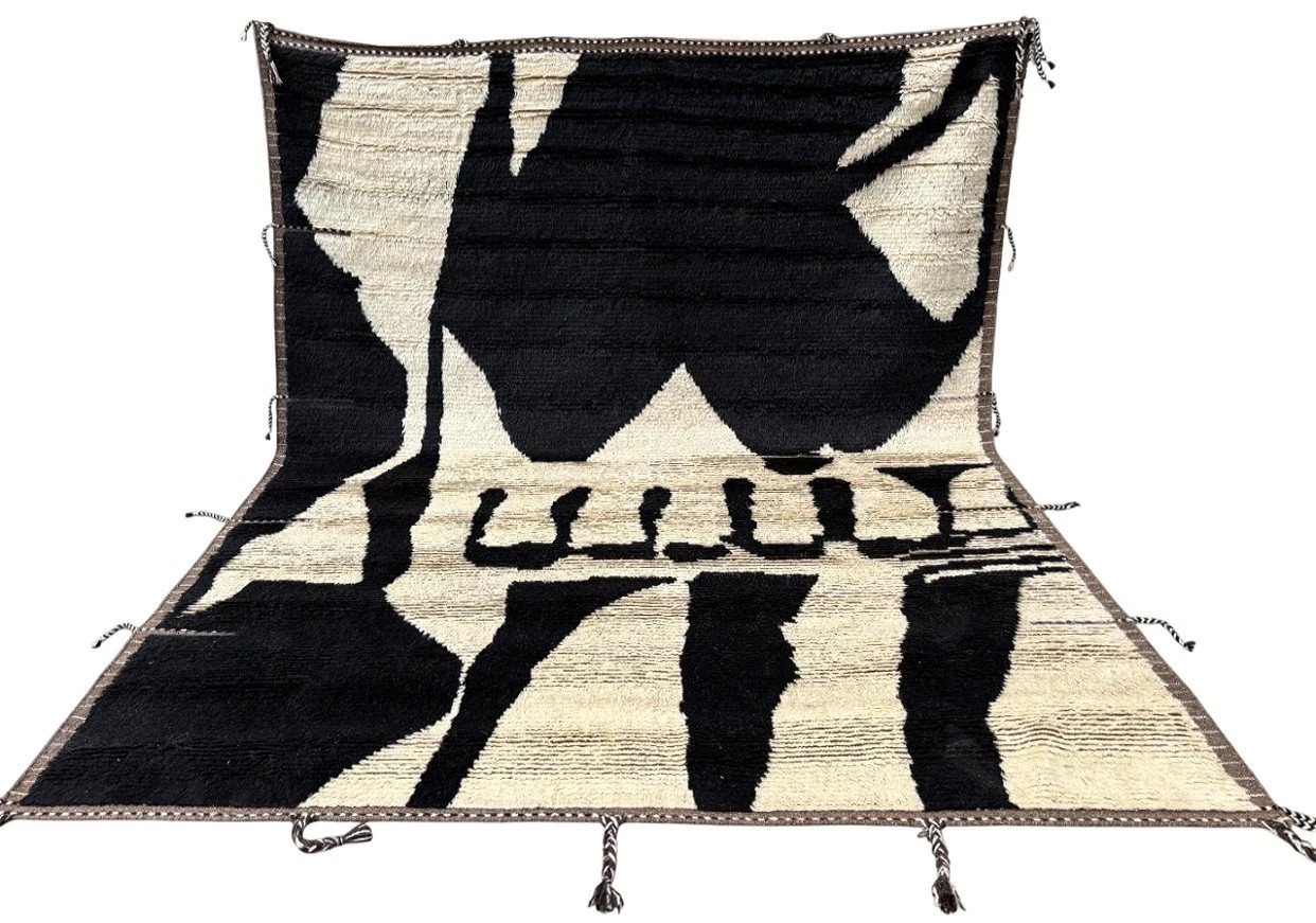 Hand Knotted Style Moroccan Berber Wool Rug Color Black Cream Design Carpet Rug