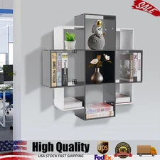 3 Tier Wall Mounted Bookcase Book Shelf 9 Compartments Home Decor Large Capacity