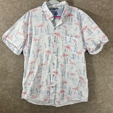 IZOD Saltwater Flamingo AOP Button Up Shirt Mens XL White Pink Tropical Coastal