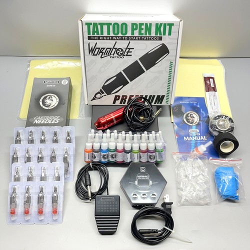 Wormhole Tattoo Pen Kit for Beginners Red Rotary Machine Foot Pedal Inks Needles