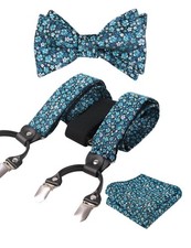 Colorful Floral Pattern Suspenders Self Tied Bow Tie Men Pocket Square Set