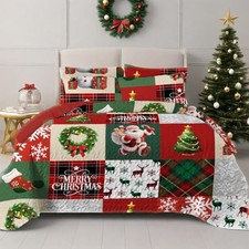 Christmas Quilt Set Size Santa Claus Snowflake Deer Buffalo King New Red Green