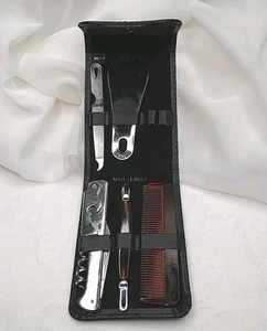 Mens Leather Travel Grooming Manicure Kit 5pc Stainless Steel Folding Snap Close