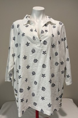 CALYPSO St Barth Top Women 2X White Beach Cruise Linen Blend Embroidered Tunic