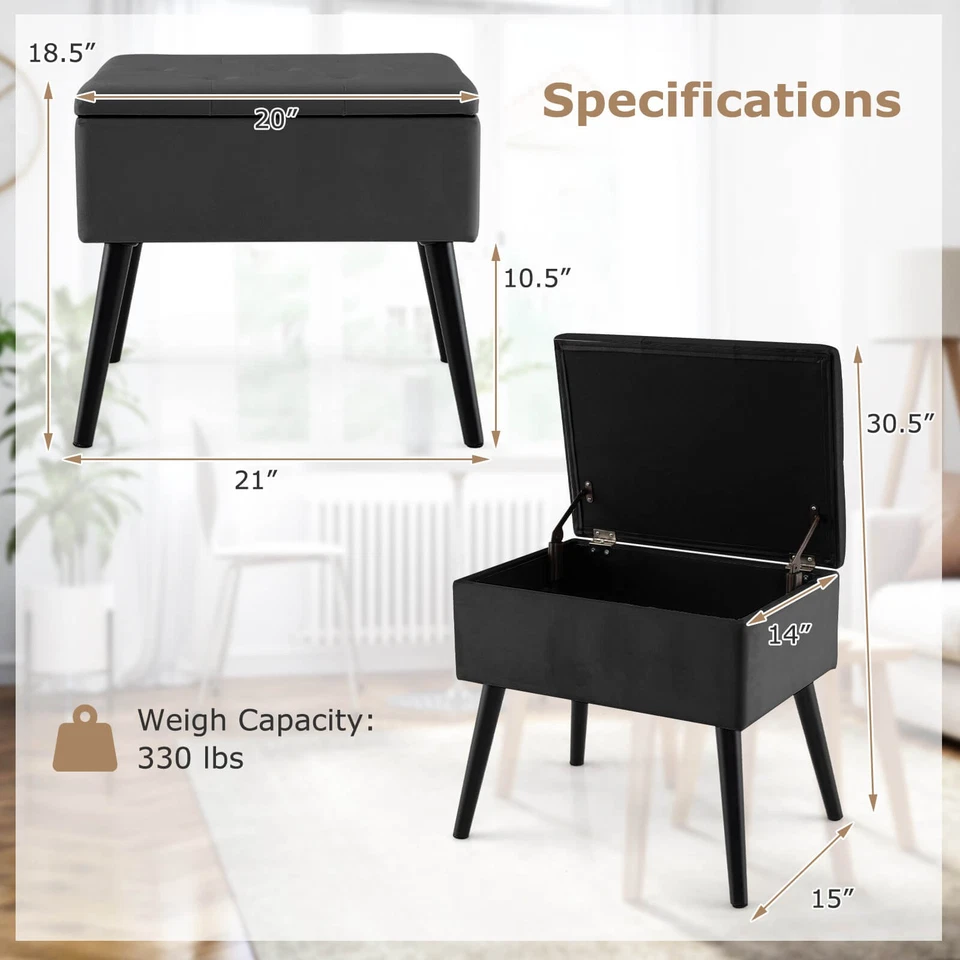 Velvet Vanity Stool Ottoman w/ Storage Solid Wood Legs Flip-Up Top for Entryway - Image 2 of 4