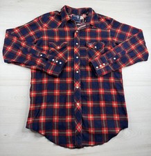 Vtg Wrangler Pearl Snap Shirt Red Blue Plaid Flannel Long Tail USA Made 17-34 XL