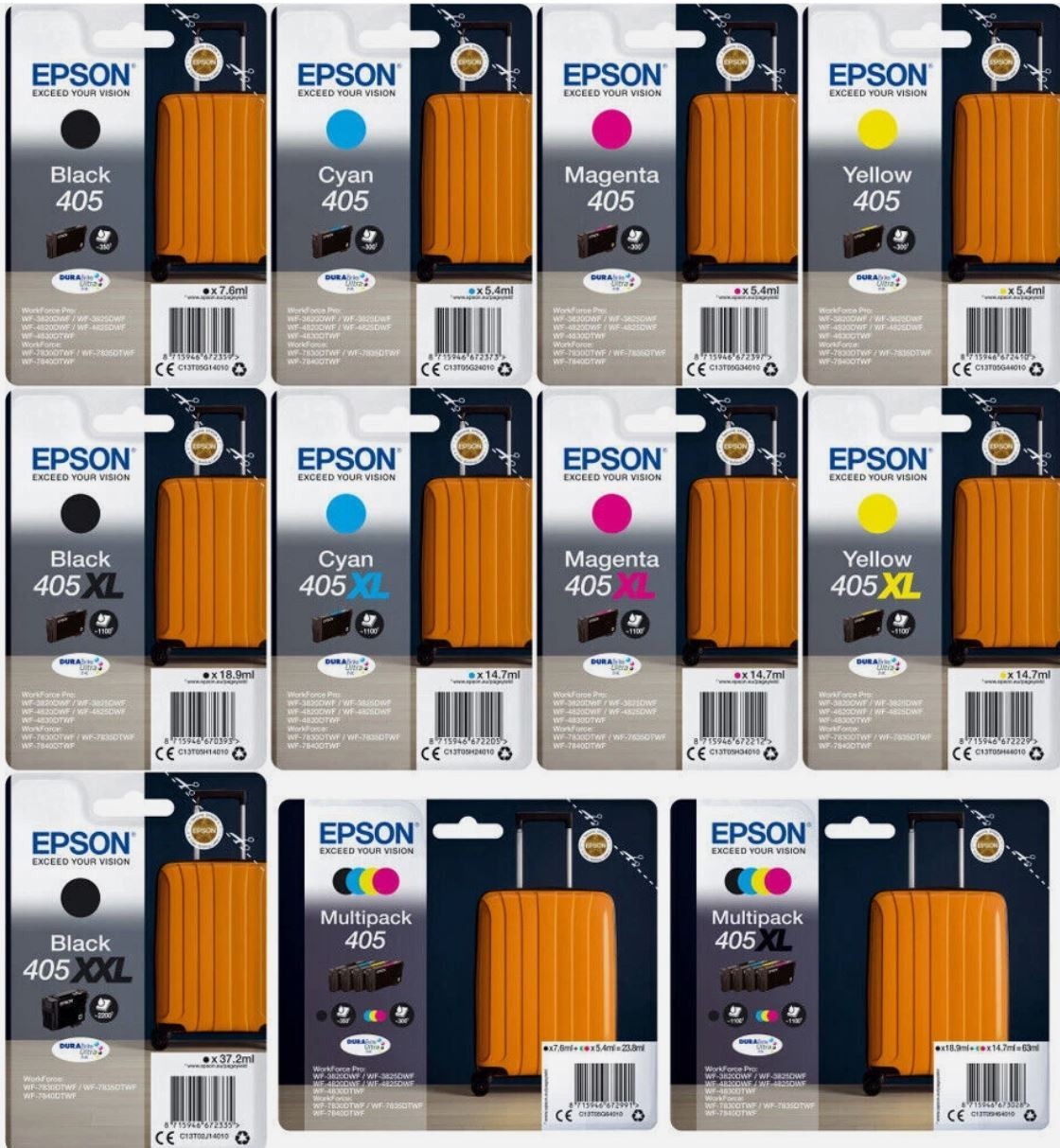 Cartouches Epson 405 XL noir et couleur pour imprimantes WorkForce Pro WF-4830 et WF-3825