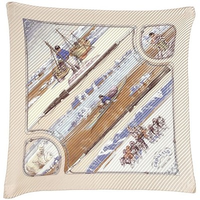 HERMES Scarf Pleated Carré CRONLAND Silk 100% Beige Dog Sled French Made USED