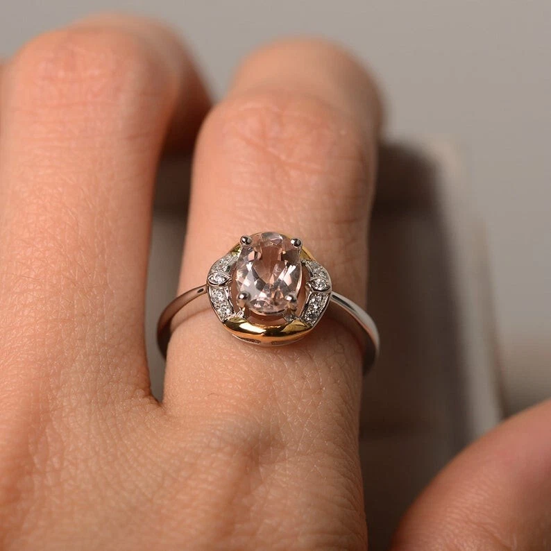 1.65 Ct Oval Cut Real Morganite & Diamond Engagement Ring 14K Solid White Gold - image 4 of 4