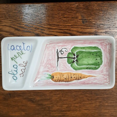 Rectangular Pottery Appetizer Oil Bread Tray Pepper Carrot Olio Graphic ITALY A6
