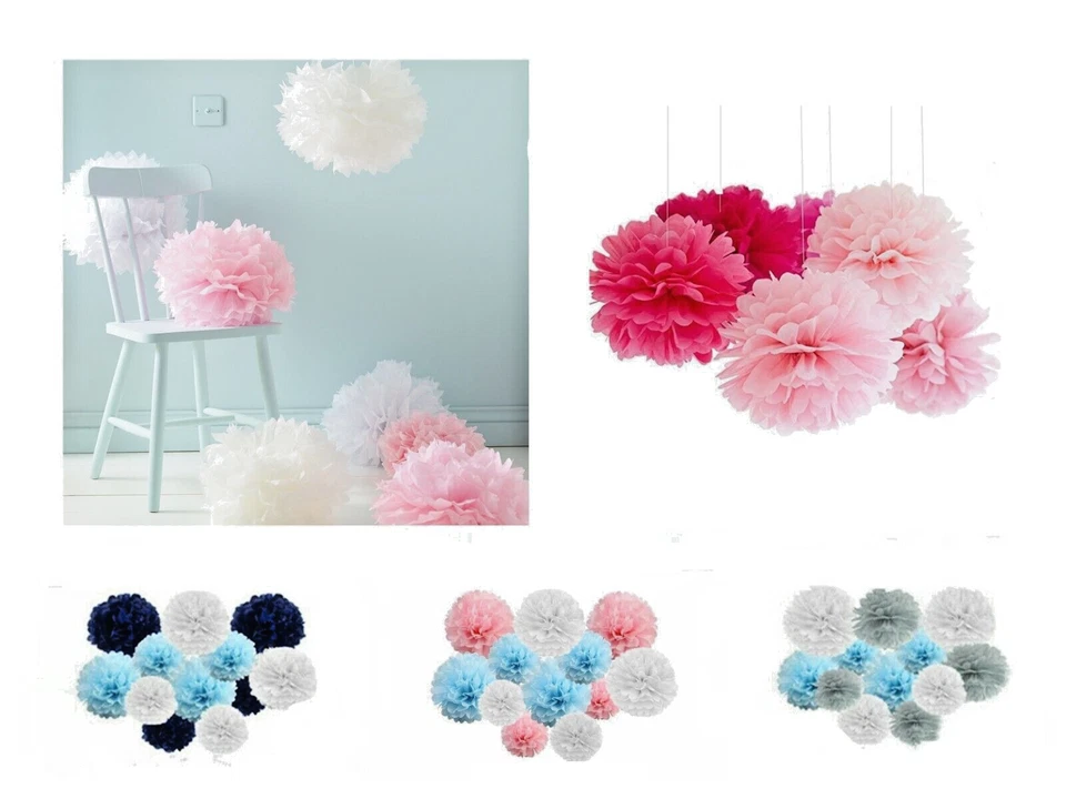 12PCs Mix Tissue Paper Pom Poms Pompom Flower Ball Birthday Wedding Party Decor - Image 2 of 4