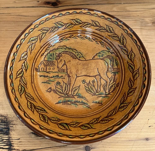 2006 Foltz Pottery Horse Bowl Signed PA FOLK ART Redware 9”