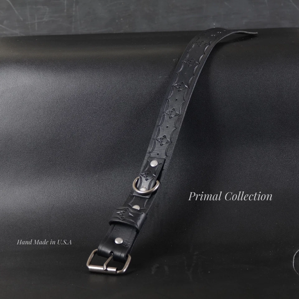 Кожаный ошейник для собаки ручной работы. Ширина 1,5 дюйма. Дизайн черепов. ЧЕРНЫЙ - Изображение 3 из 4