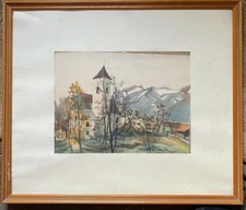 Aquarell Blick Auf Kirche Alpen Dorf Berge K. Sachters Signiert Antik Rahmen