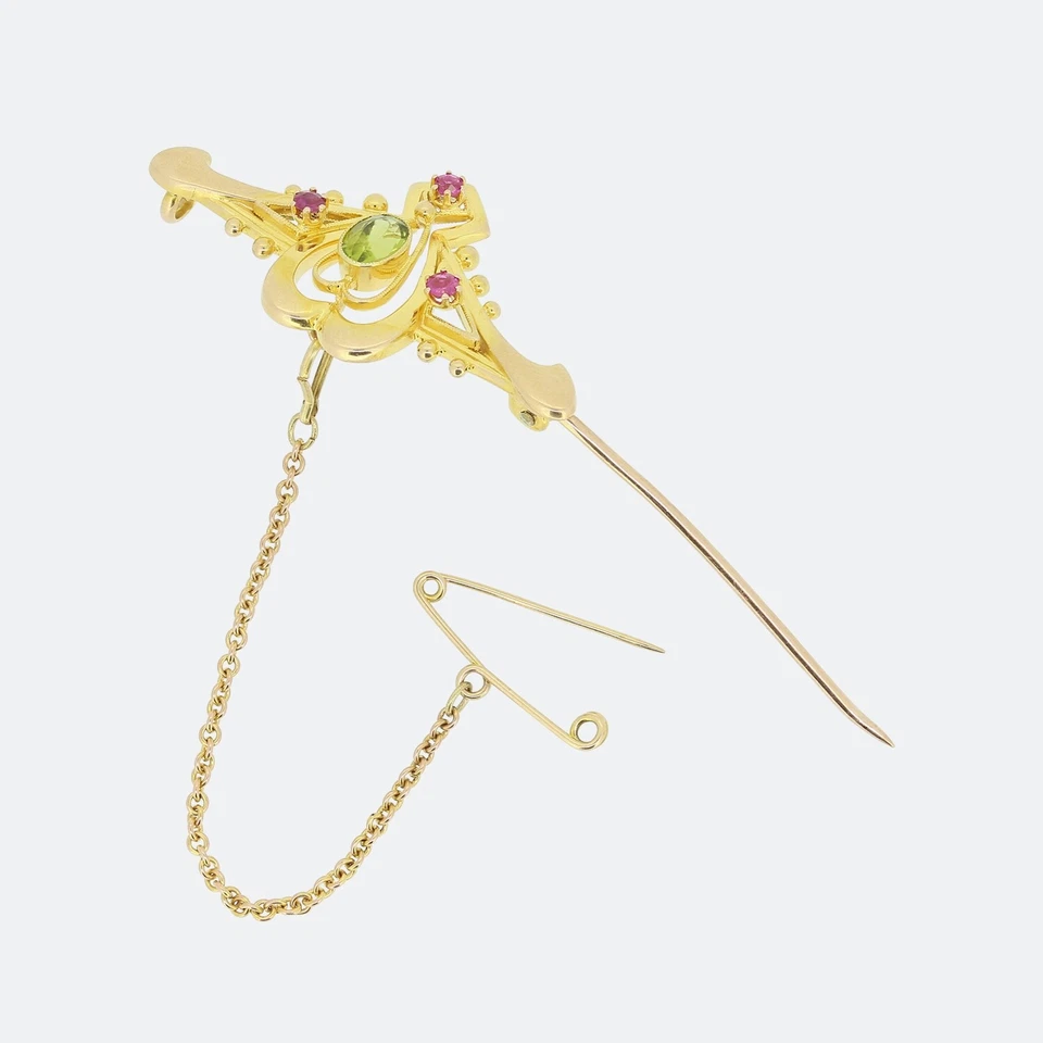 Gold Bar Brooch - Edwardian Peridot and Ruby Bar Brooch 15ct Yellow Gold - Image 3 of 3