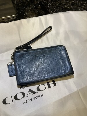 Coach Double Zip Corner Wristlet/Wallet 64130 Metallic Teal Blue