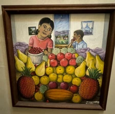 RARE Wilson Bigaud Original Painting Mother and Son with Fruit Basket 26"x26"