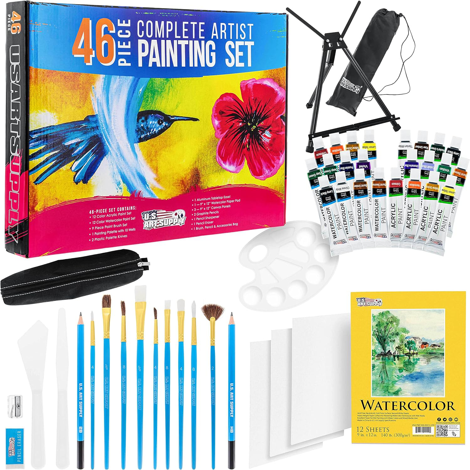 U.S. Art Supply 46-Piece Complete Artist Painting Set with Easel - 12 Acrylic &