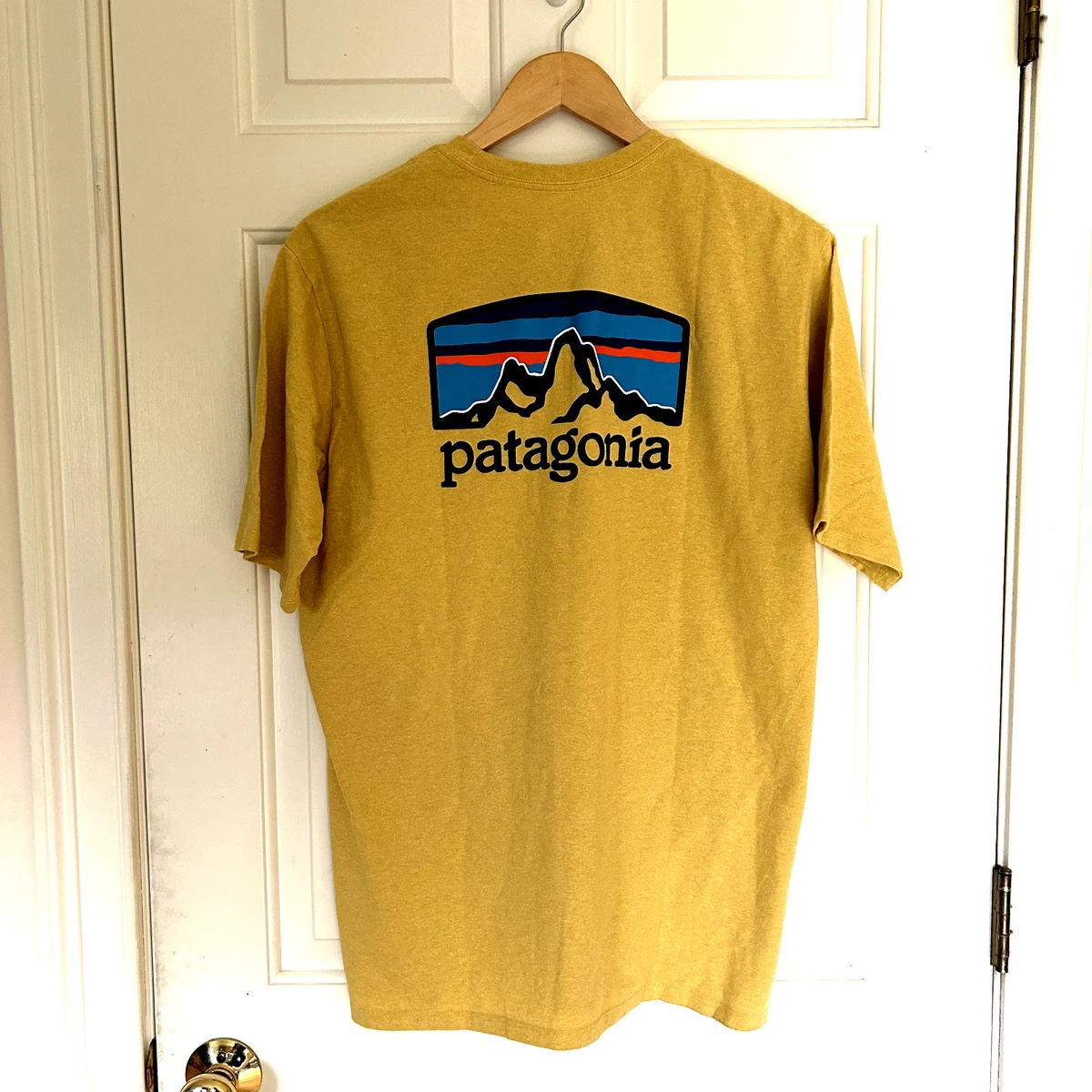 Patagonia Shirt Mens Medium Yellow Responsibili Tee Fitz Roy Horizons NWT