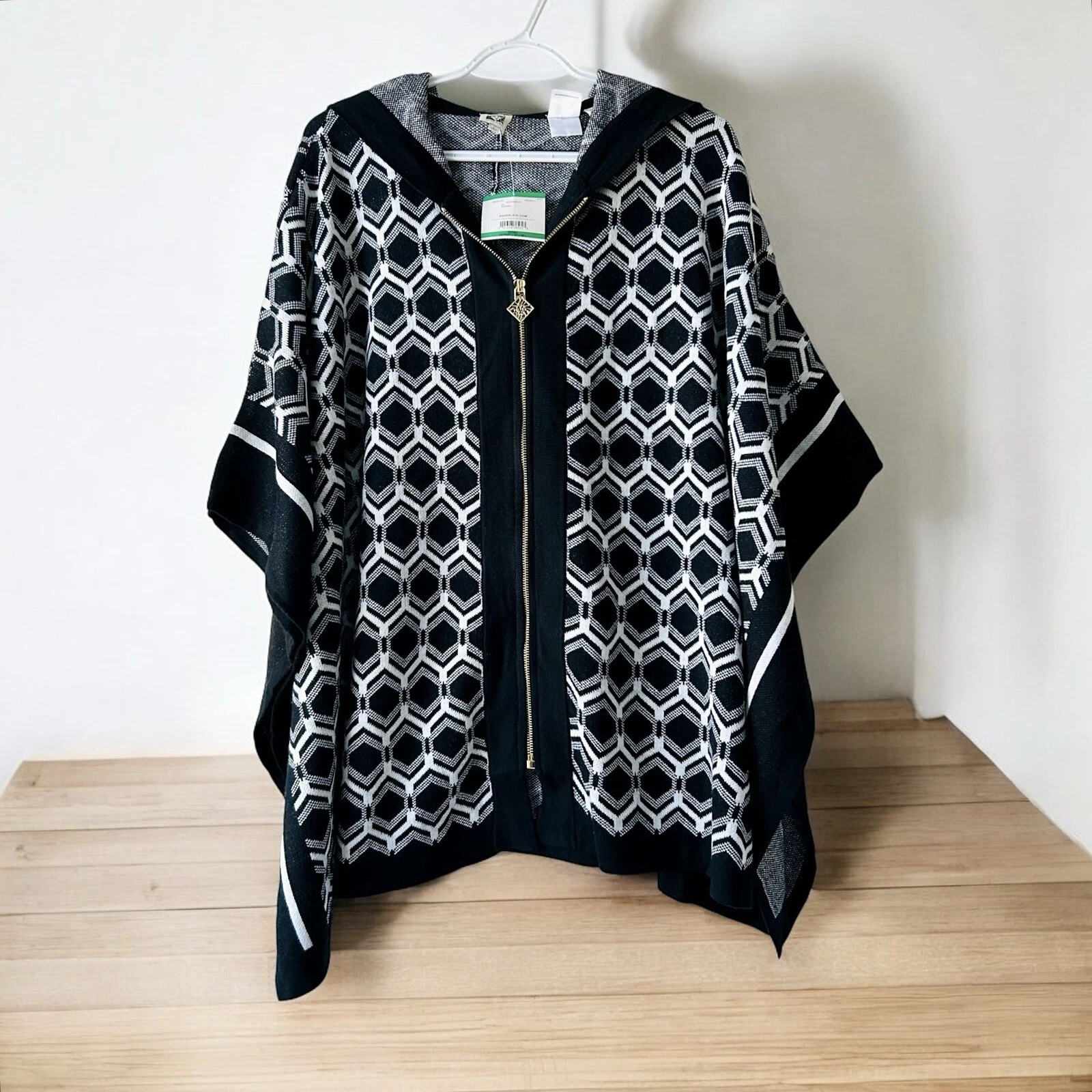 Anne Klein Poncho Sweater Hoodie Front Zip Graphic Black White Size Large NWT