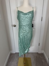 Express Women’s Sequin Cowl Neck Asymmetric Hem Mint Green Midi Dress Small NWT