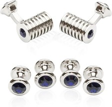 Men's Silver Blue Crystal Cufflinks and Studs Tuxedo Shirt Formal Set with Je...
