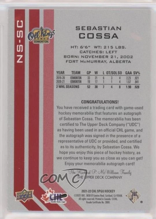 2021-22 SP Game Used CHL Edition New Style Jersey 24/25 Sebastian Cossa Auto l3a - Image 2 of 3