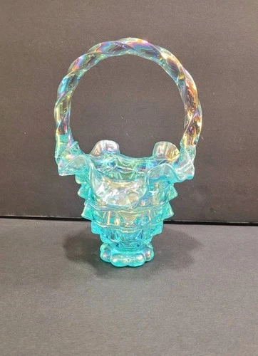 Fenton Iridescent Aqua Blue Art Glass Mini Basket  6 1/2" Vtg 1990’s