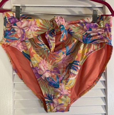 Time and True Bikini Bottoms Orange Floral Tropical Print Font Tie  1X 16W-18W
