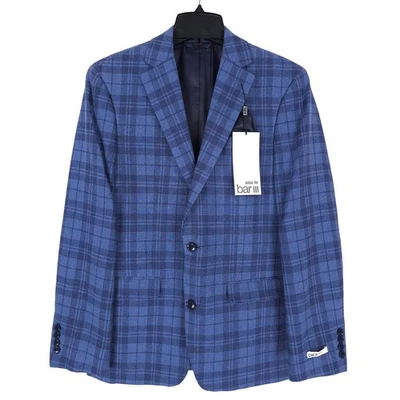 Bar III Mens Slim Fit Sport Coat Blazer 44R Blue Plaid Linen Cotton Blend NWT - Image 1 of 4