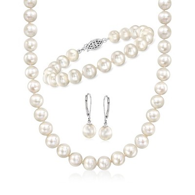 8-9mm Cult Prl Set: Bracelet, Ncklc & Drop Earrings w Silver 18 inches