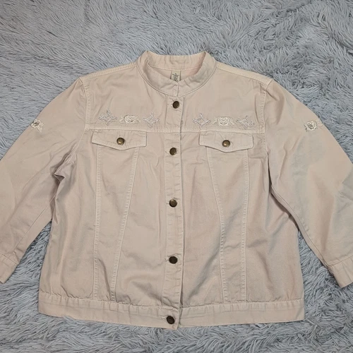 VETEMENTS Giacca Caribbean Joe donna XL biege denim ricamo floreale tasche bottoni