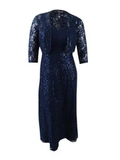 Alex Evenings Women's Petite Lace A-Line Gown & Bolero Jacket (12P, Navy)