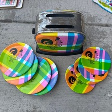 Vintage Rooster Toaster  Melamine Plates Set Retro Kitchen Colorful Plaid