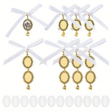 4sets Oval Alloy Pendant tions with Transparent Glass Cabochon and Satin Ribbon