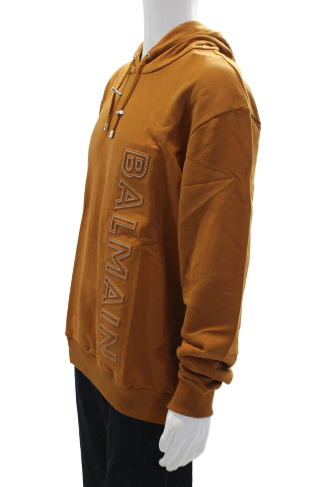 Sudadera con capucha Balmain para hombre de algodón con logotipo elevado manga larga con cordón marrón talla M Foto 2 de 4