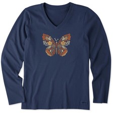 Life is Good. Women's Autumn Butterfly Long Sleeve Crusher Vee, Darkest Blue