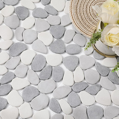 Pebble Tile for Shower Floor, Gray and White Oval, 5 Sheets, Pebble Backsplash f