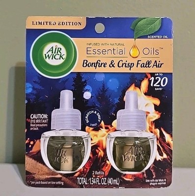  2 Air Wick Essential Oils Refills Plug Ins, Bonfire & Crisp Fall Air, NIB