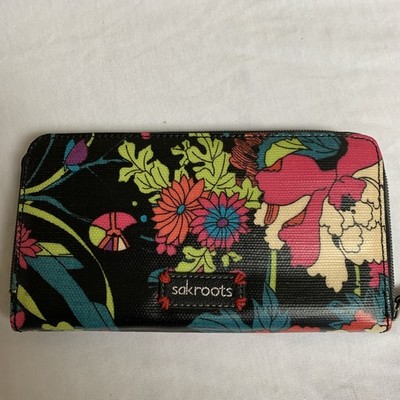SAKROOTS Slim Bifold Wallet Flower Print Embroidered Butterfly Excellent Shape