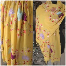 GOLDEN YELLOW KASHMIR EMBROIDERY CREWEL LARGE shawl 100 CASHMERE PASHMINA